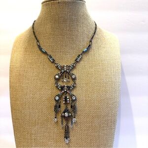 Boho Festival Statement Necklace-antique silver tone bib style w/ AB crystals